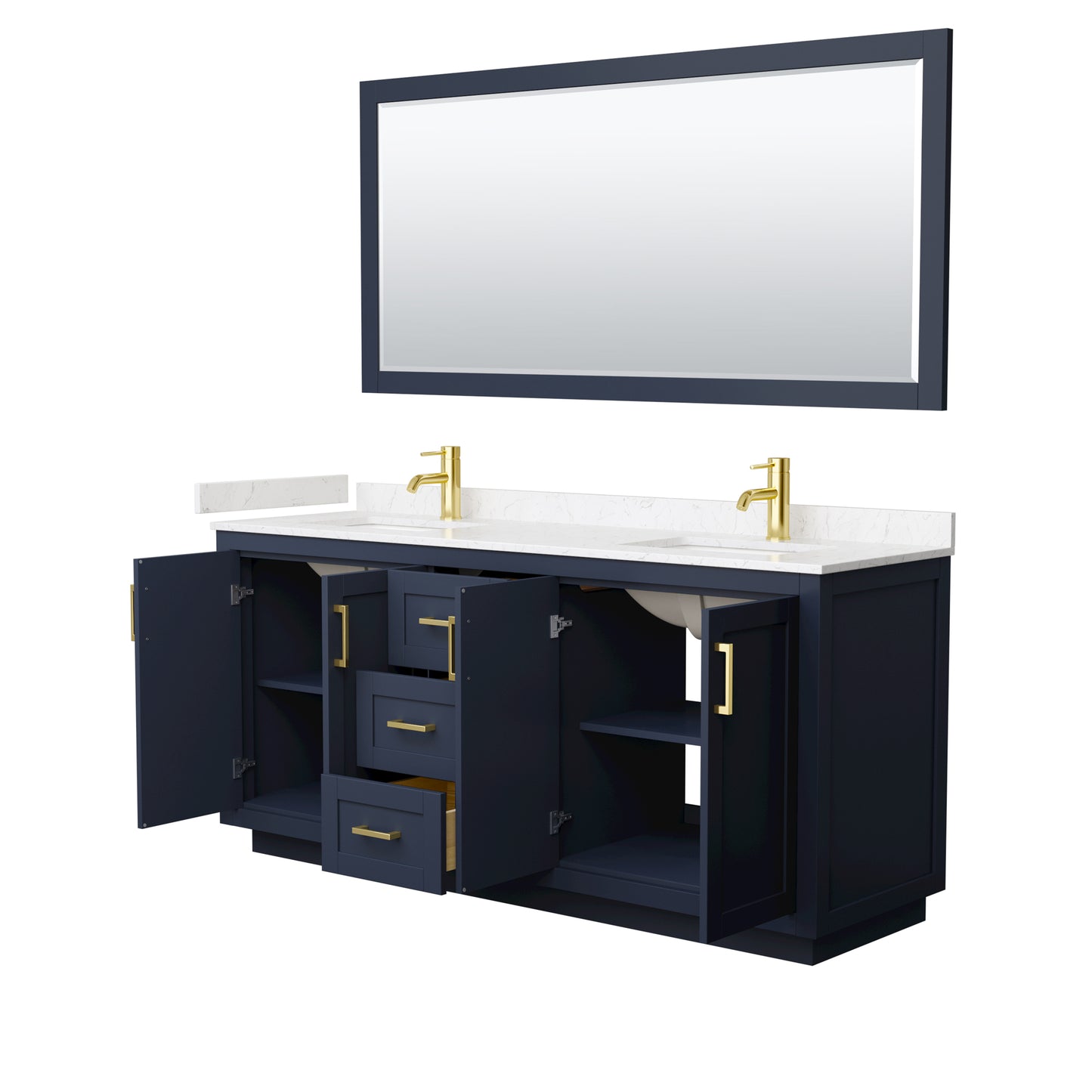 Miranda 72" Dark Blue Double Vanity, Carrara Marble Top, Gold Trim, 70" Mirror