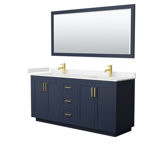 Miranda 72" Dark Blue Double Vanity, Carrara Marble Top, Gold Trim, 70" Mirror