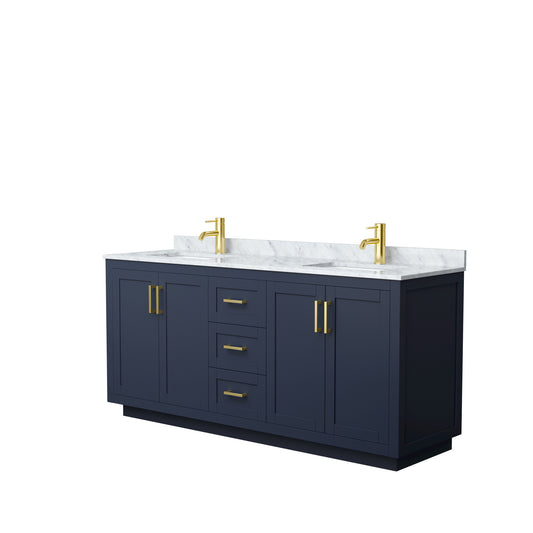 Miranda 72" Double Vanity in Dark Blue, Top, Square Sinks, Brushed Gold Trim