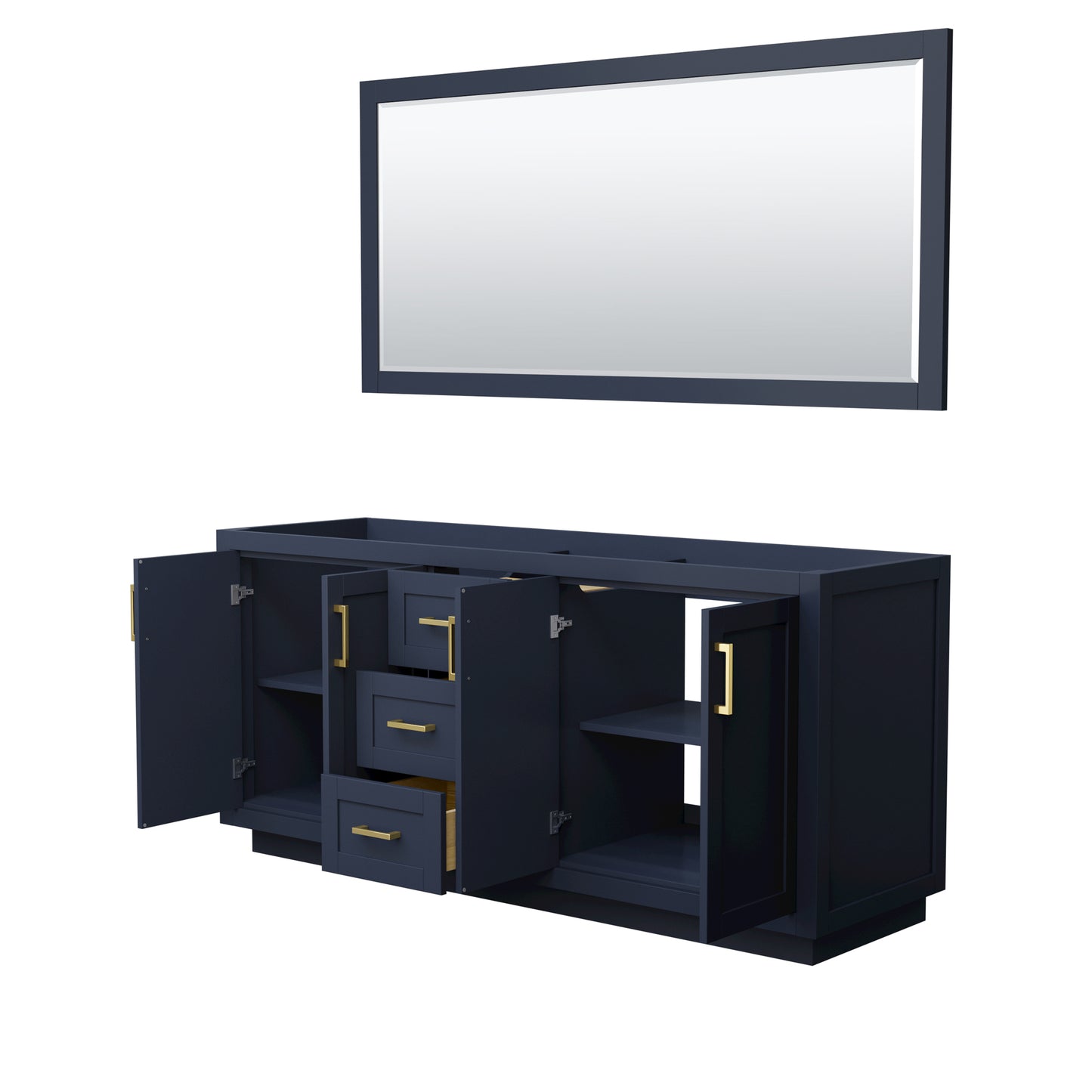 Miranda 72" Double Vanity in Dark Blue, No Top, Bruished Gold Trim, 70" Mirror