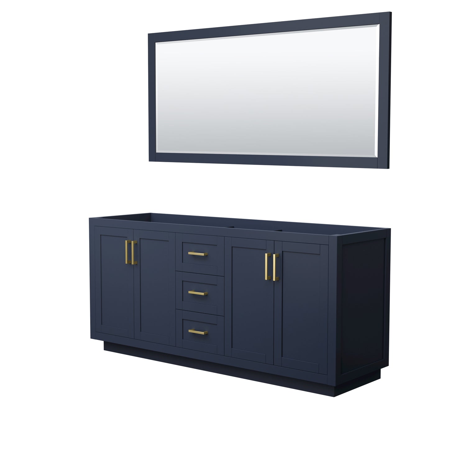 Miranda 72" Double Vanity in Dark Blue, No Top, Bruished Gold Trim, 70" Mirror