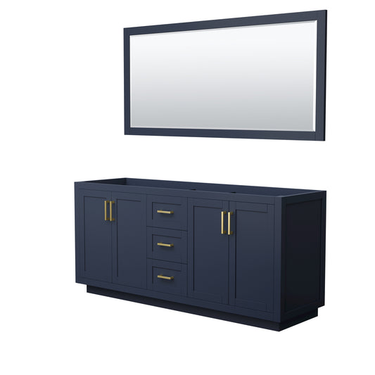 Miranda 72" Double Vanity in Dark Blue, No Top, Bruished Gold Trim, 70" Mirror