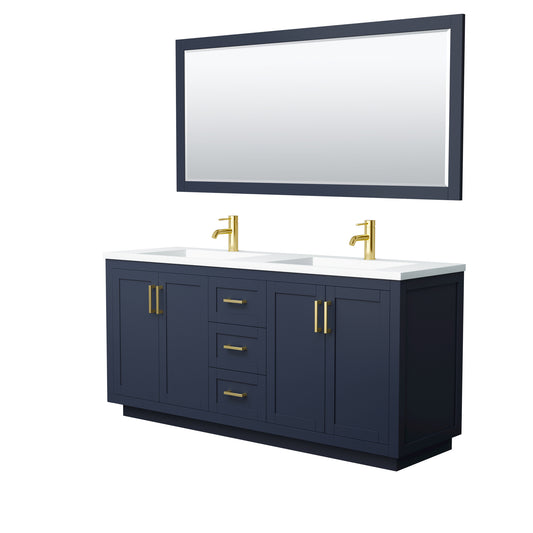 Miranda 72" Dark Blue Double Vanity, 1.25" White Top,  Gold Trim, 70" Mirror