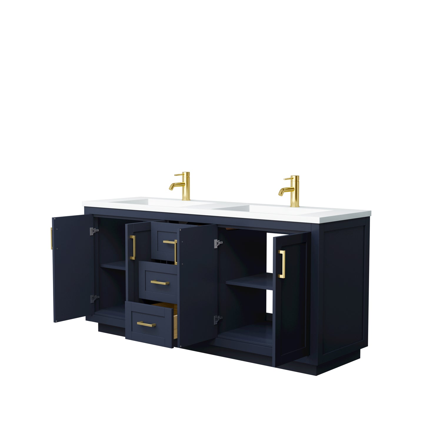 Miranda 72" Dark Blue Double Vanity, 1.25" White Top, Integrated Gold Trim