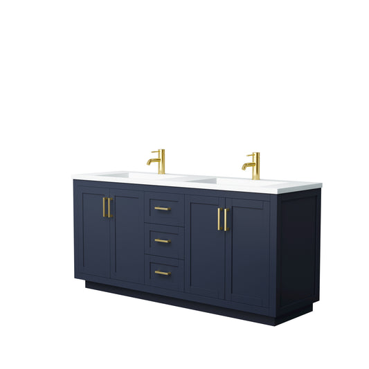 Miranda 72" Dark Blue Double Vanity, 1.25" White Top, Integrated Gold Trim
