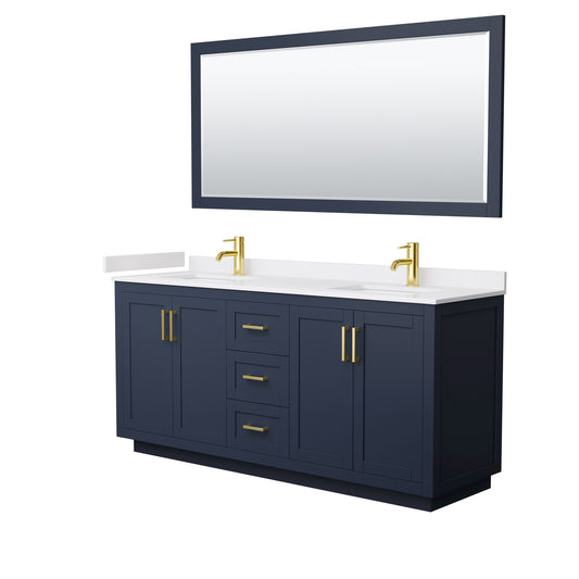Miranda 72" Double Vanity in Dark Blue, White Marble Top, Gold Trim, 70" Mirror