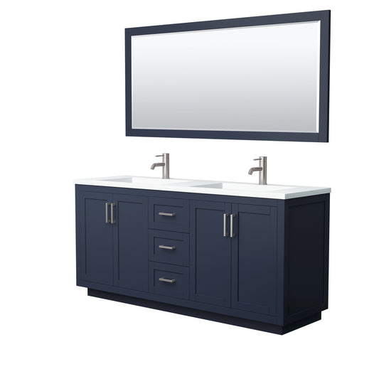 Miranda 72" Dark Blue Double Vanity, 1.25" White Top,  Nickel Trim, 70" Mirror