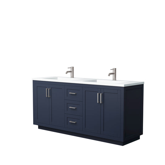 Miranda 72" Double Vanity in Dark Blue, 1.25" White Top, Integrated Nickel Trim