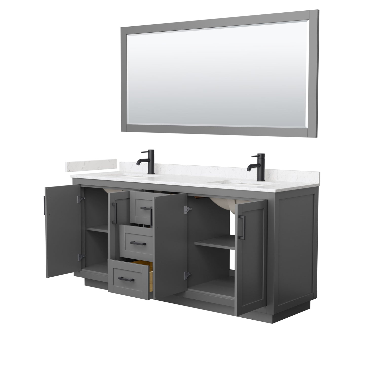 Miranda 72" Dark Gray Double Vanity, Carrara Marble Top, Black Trim, 70" Mirror