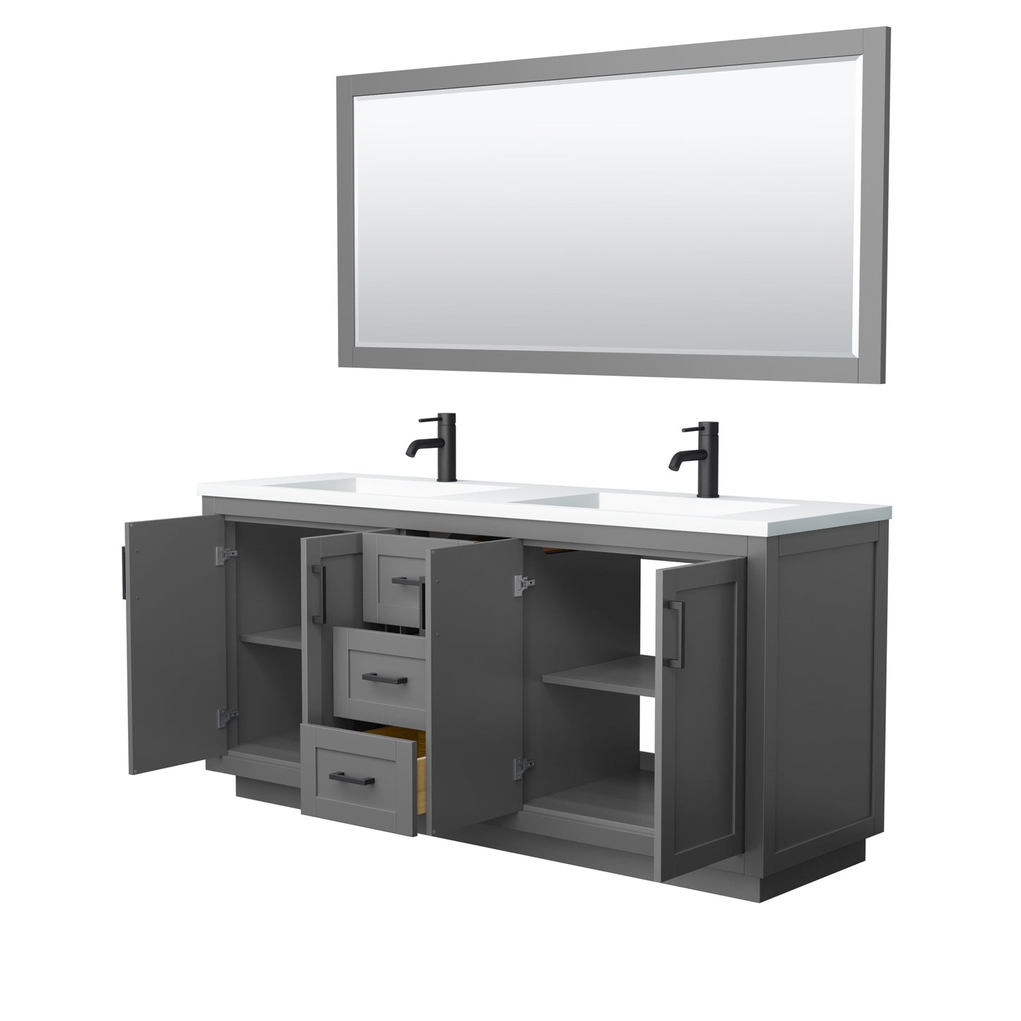 Miranda 72" Dark Gray Double Vanity, 1.25" White Top,  Black Trim, 70" Mirror