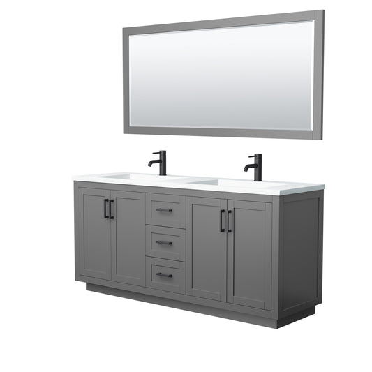 Miranda 72" Dark Gray Double Vanity, 1.25" White Top,  Black Trim, 70" Mirror