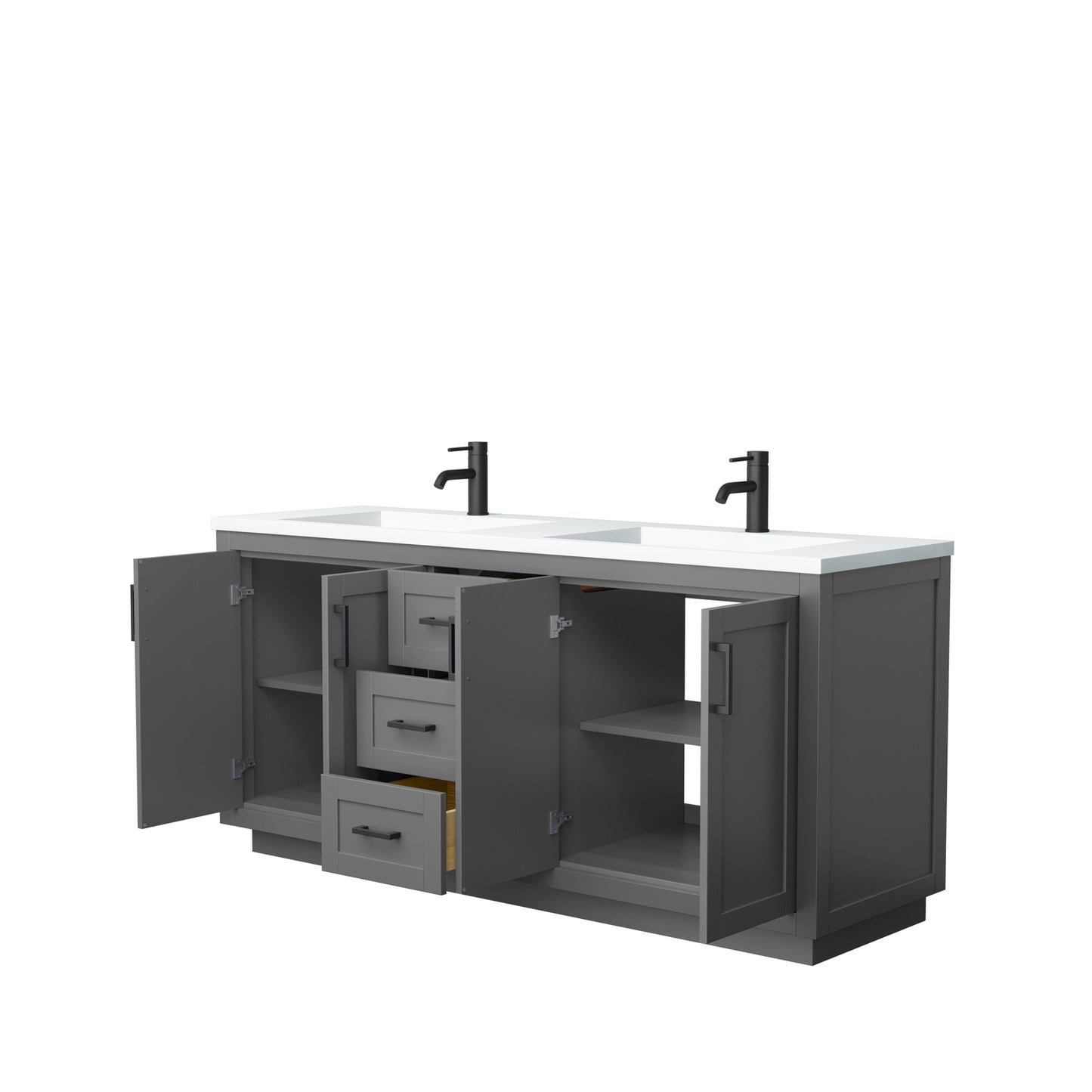 Miranda 72" Double Vanity in Dark Gray, 1.25" White Top, Integrated Black Trim