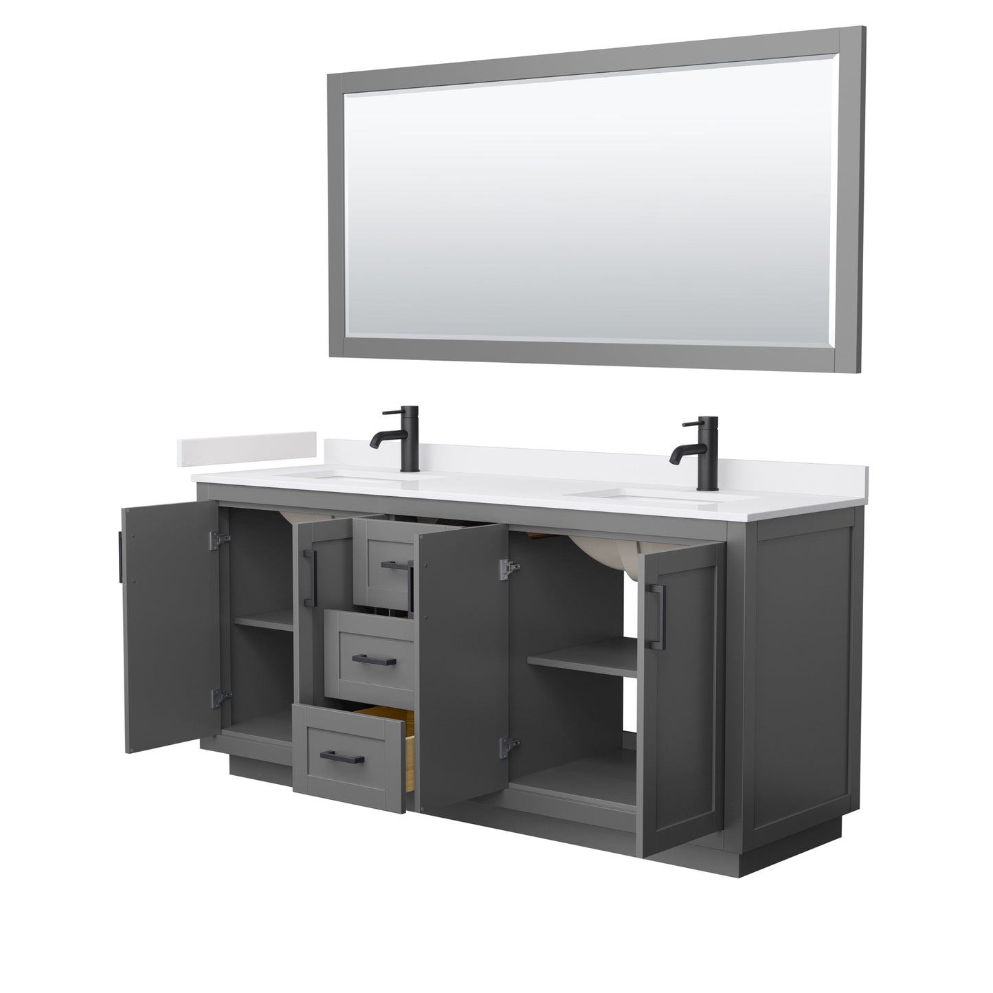 Miranda 72" Double Vanity in Dark Gray, White Marble Top, Black Trim, 70" Mirror