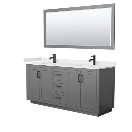 Miranda 72" Double Vanity in Dark Gray, White Marble Top, Black Trim, 70" Mirror