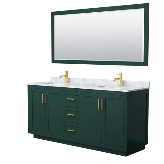 Miranda 72" Double Vanity in Green, Top, Square Brushed Gold Trim, 70" Mirror