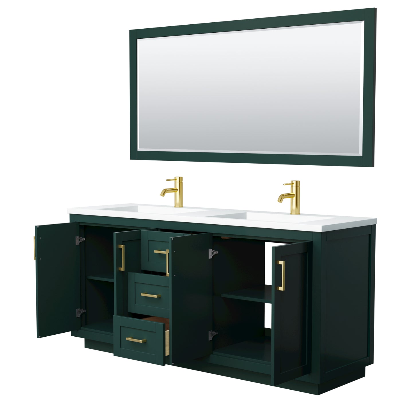 Miranda 72" Double Vanity in Green, 1.25" White Top,  Gold Trim, 70" Mirror