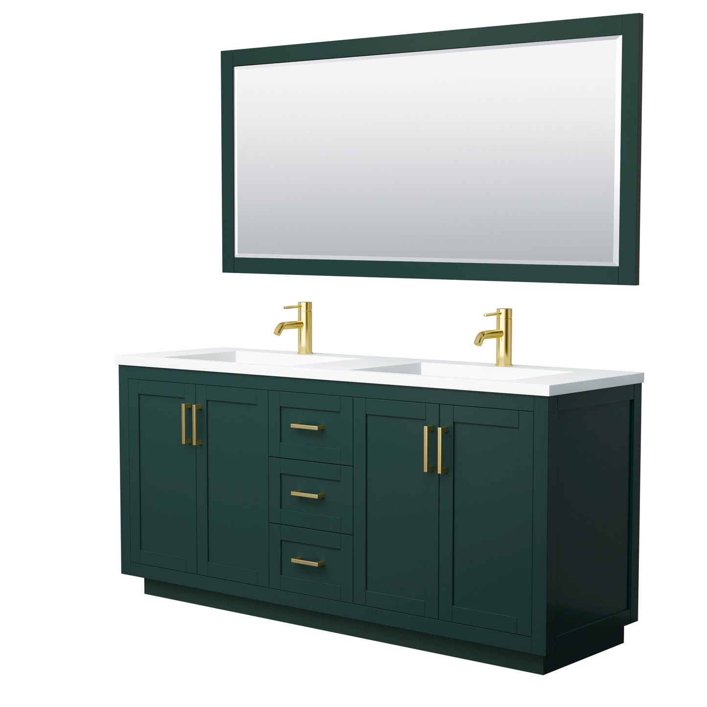 Miranda 72" Double Vanity in Green, 1.25" White Top,  Gold Trim, 70" Mirror