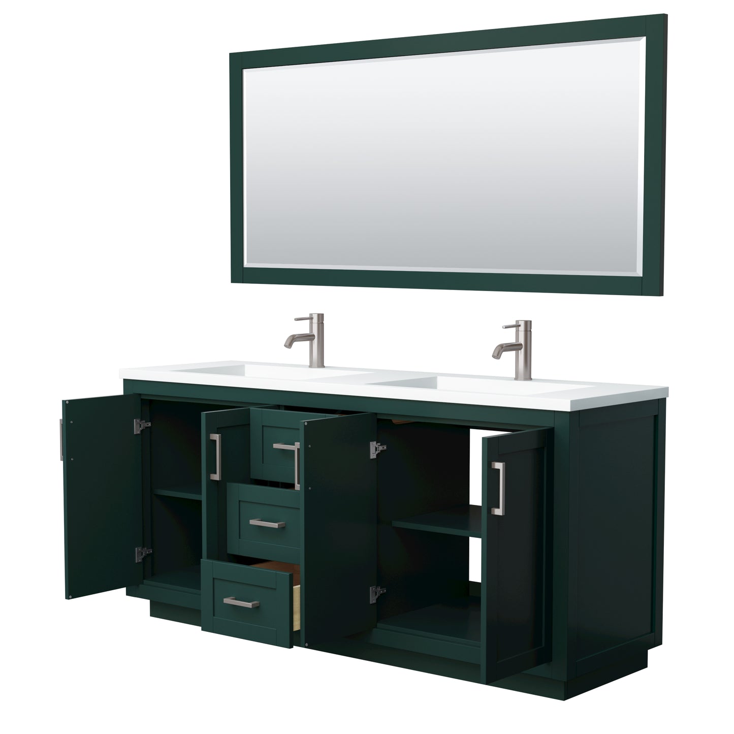 Miranda 72" Double Vanity in Green, 1.25" White Top,  Nickel Trim, 70" Mirror