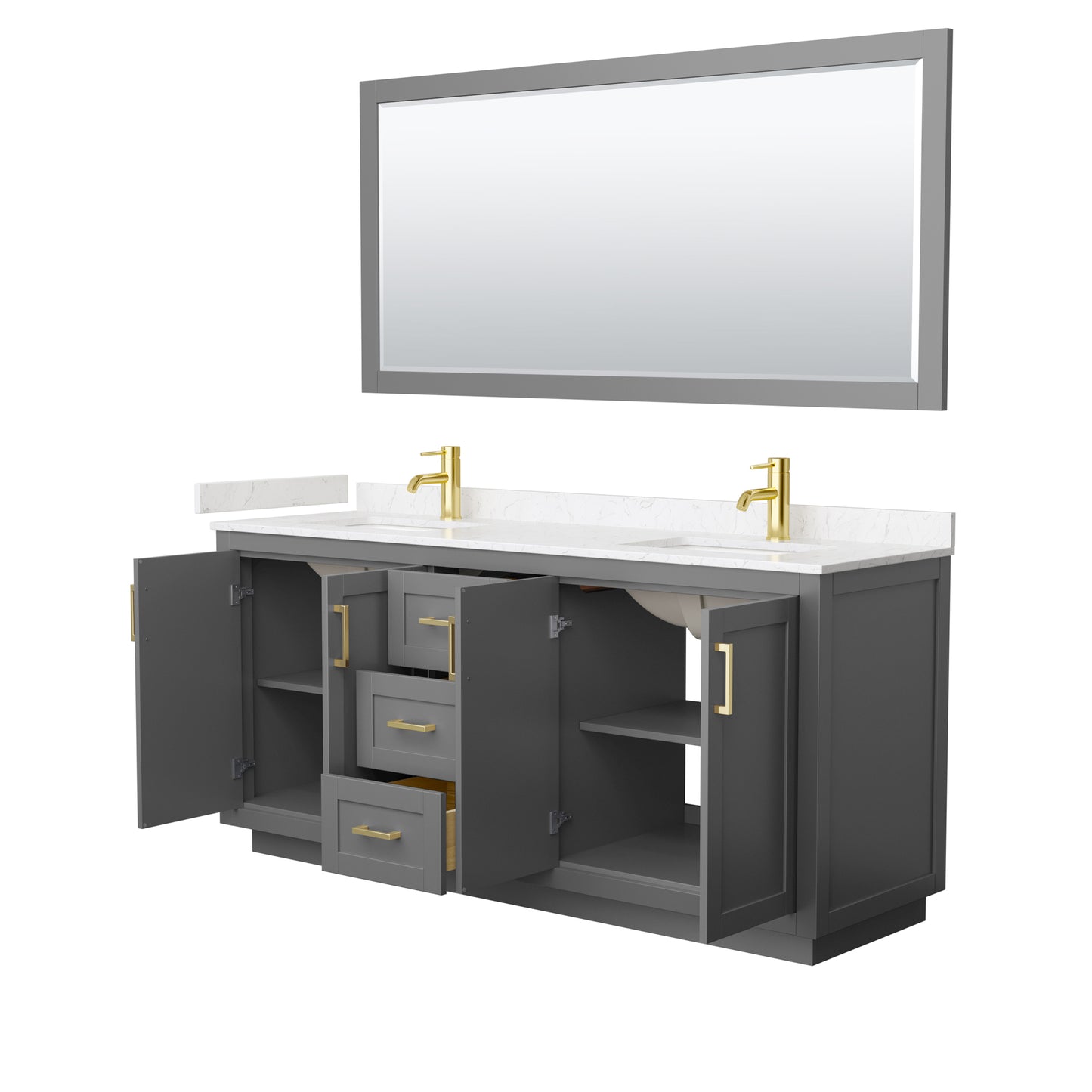 Miranda 72" Dark Gray Double Vanity, Carrara Marble Top, Gold Trim, 70" Mirror