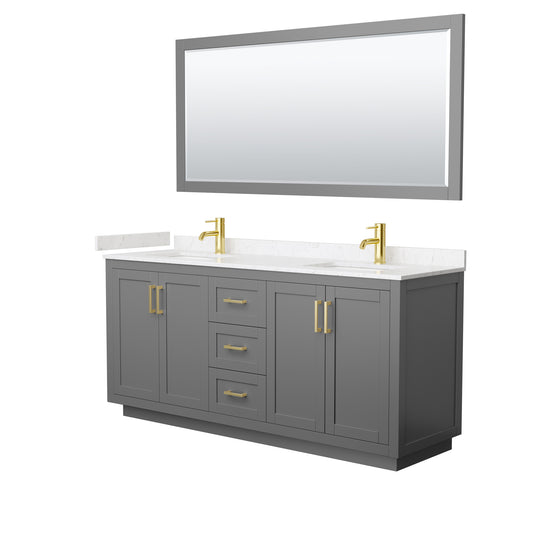 Miranda 72" Dark Gray Double Vanity, Carrara Marble Top, Gold Trim, 70" Mirror