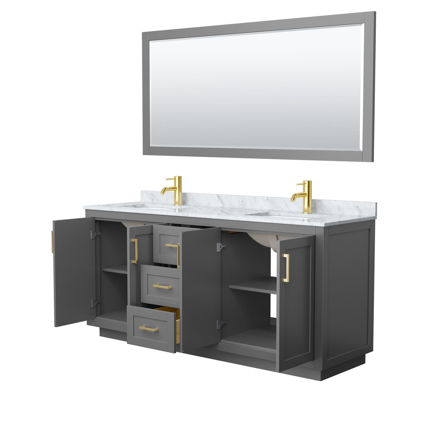 Miranda 72" Double Vanity in Dark Gray, Top, Gold Trim, 70" Mirror