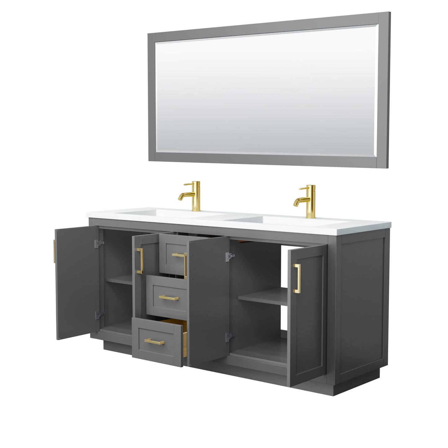 Miranda 72" Dark Gray Double Vanity, 1.25" White Top,  Gold Trim, 70" Mirror