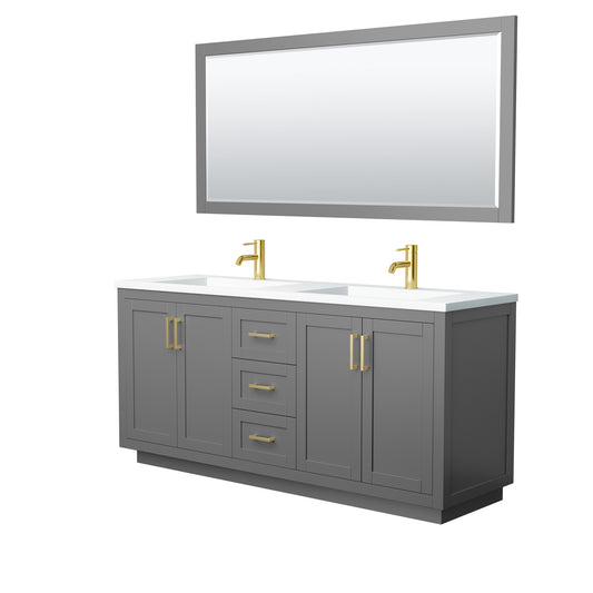 Miranda 72" Dark Gray Double Vanity, 1.25" White Top,  Gold Trim, 70" Mirror