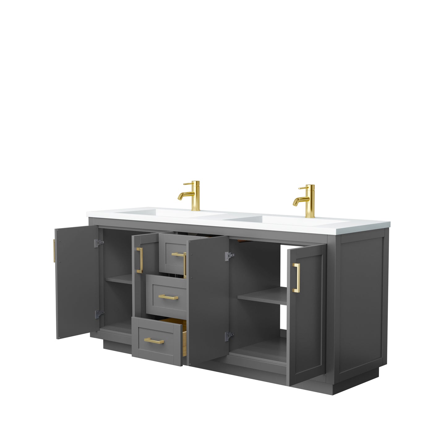 Miranda 72" Dark Gray Double Vanity, 1.25" White Top, Integrated Gold Trim