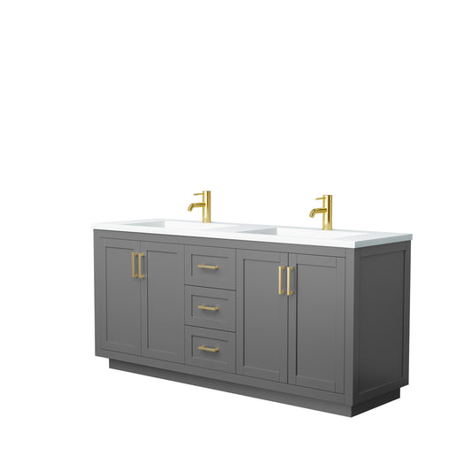 Miranda 72" Dark Gray Double Vanity, 1.25" White Top, Integrated Gold Trim