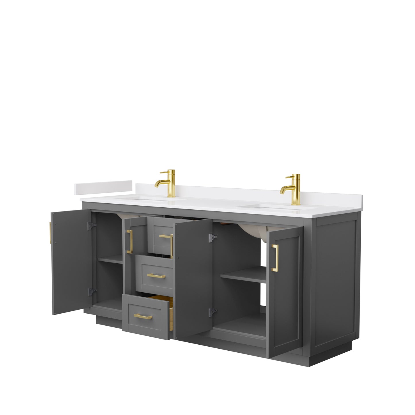 Miranda 72" Double Vanity in Dark Gray, White Cultured Marble Top, Gold Trim