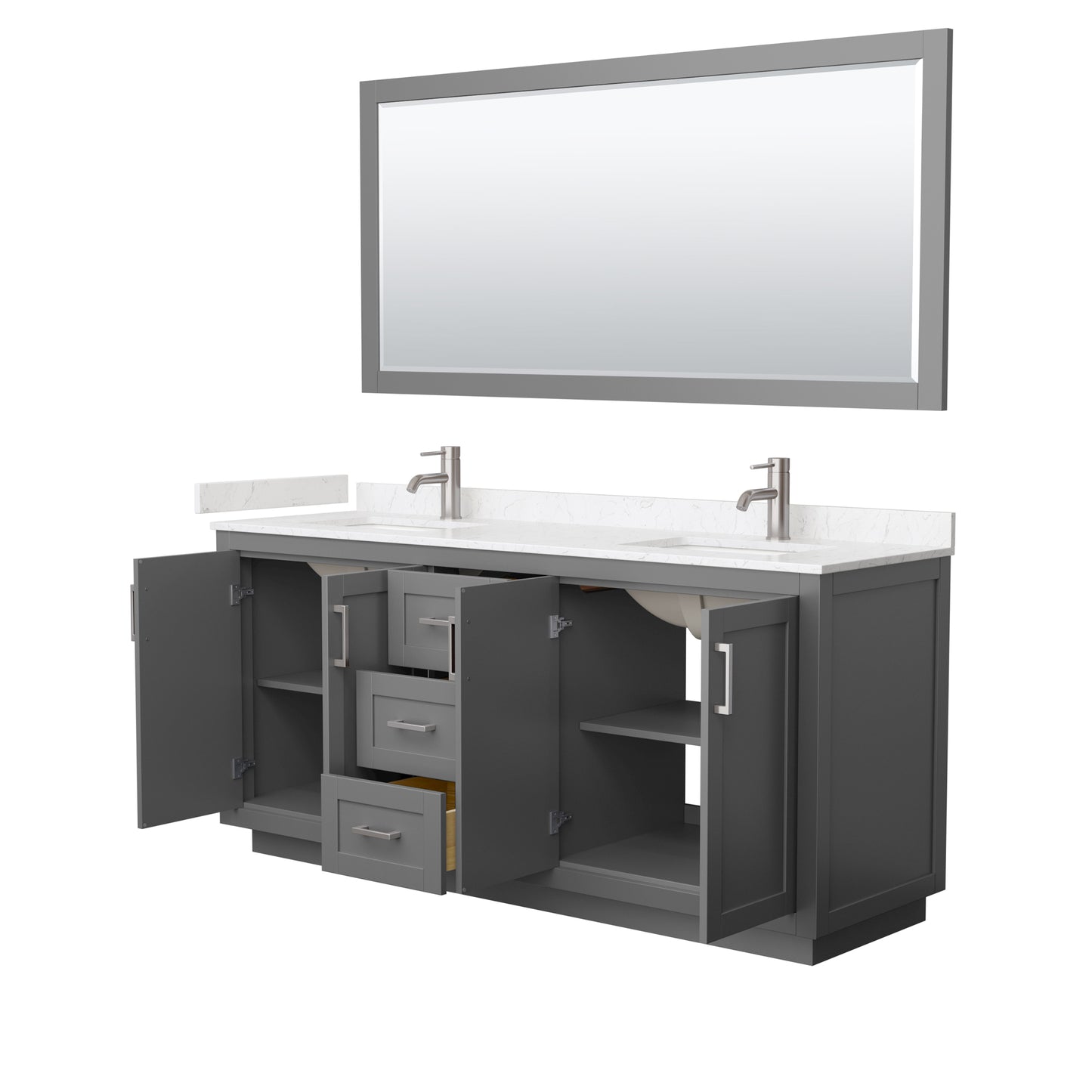 Miranda 72" Dark Gray Double Vanity, Carrara Marble Top, Nickel Trim, 70" Mirror