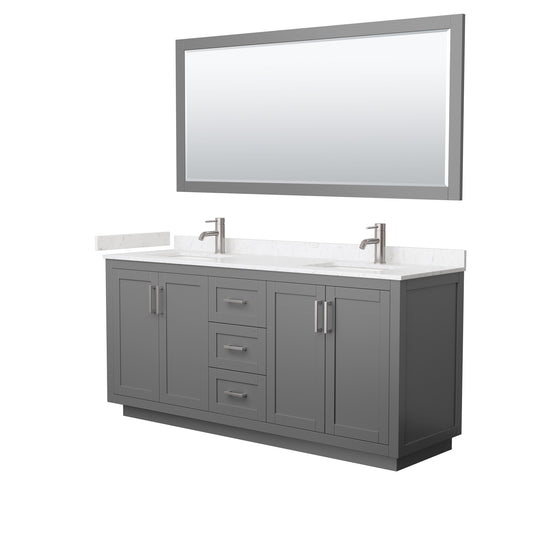 Miranda 72" Dark Gray Double Vanity, Carrara Marble Top, Nickel Trim, 70" Mirror