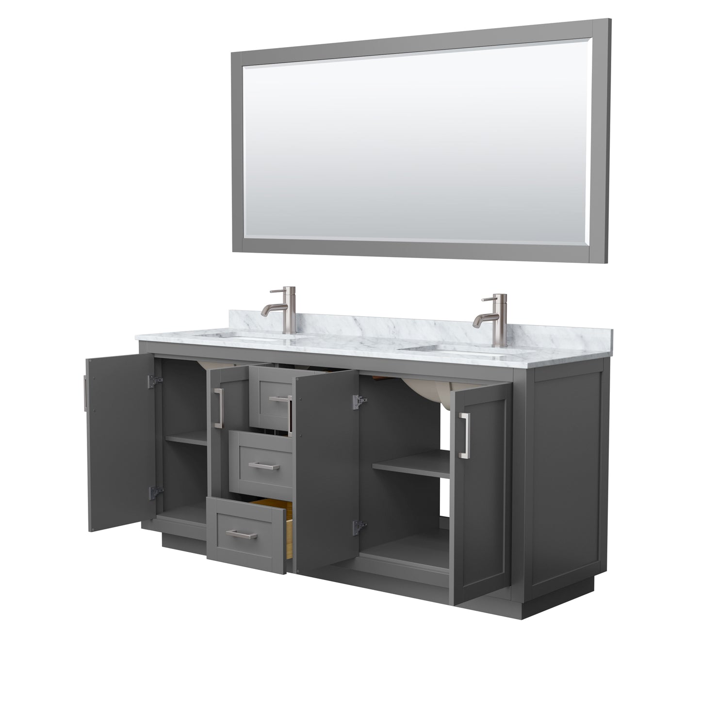 Miranda 72" Double Vanity in Dark Gray, Top, Nickel Trim, 70" Mirror