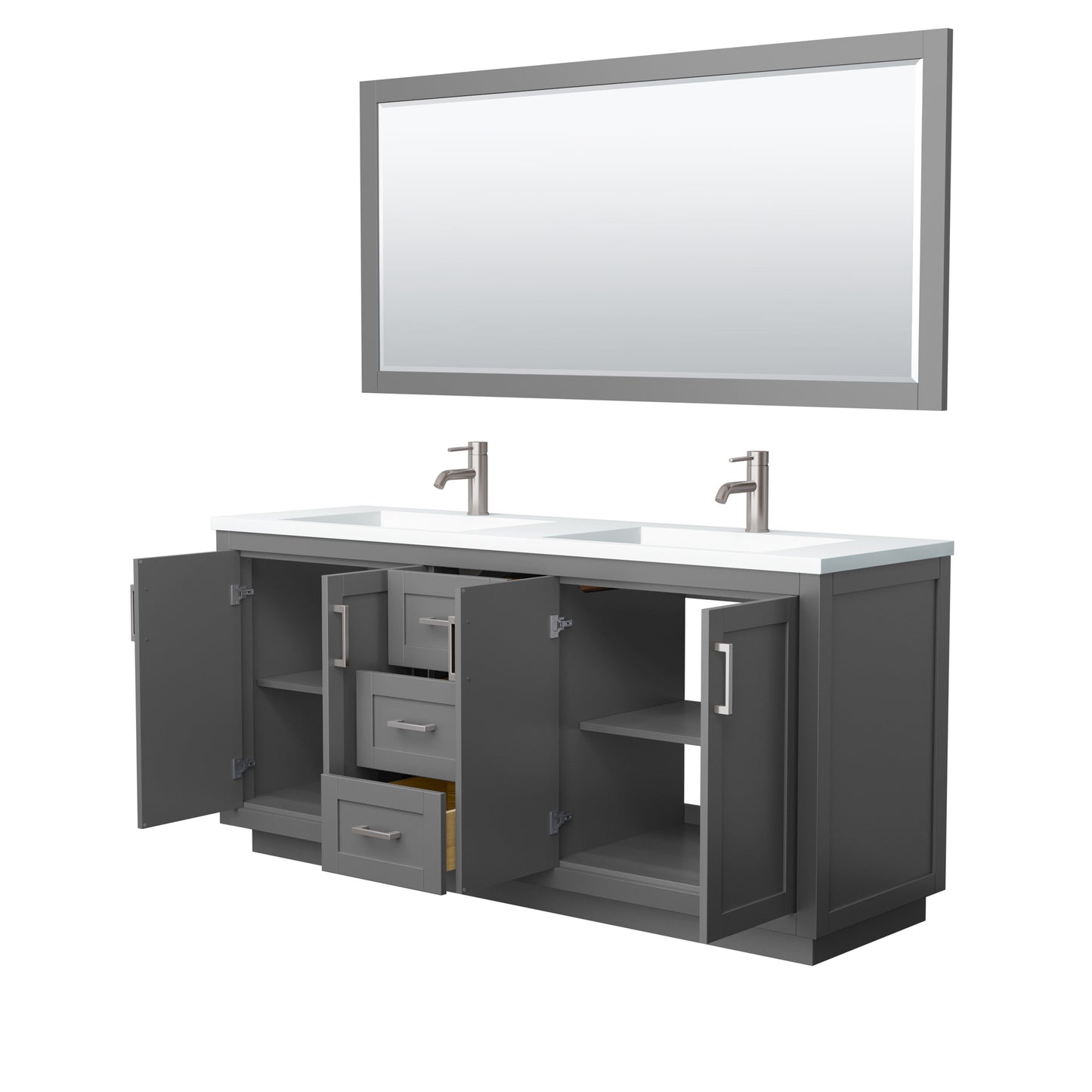 Miranda 72" Dark Gray Double Vanity, 1.25" White Top,  Nickel Trim, 70" Mirror