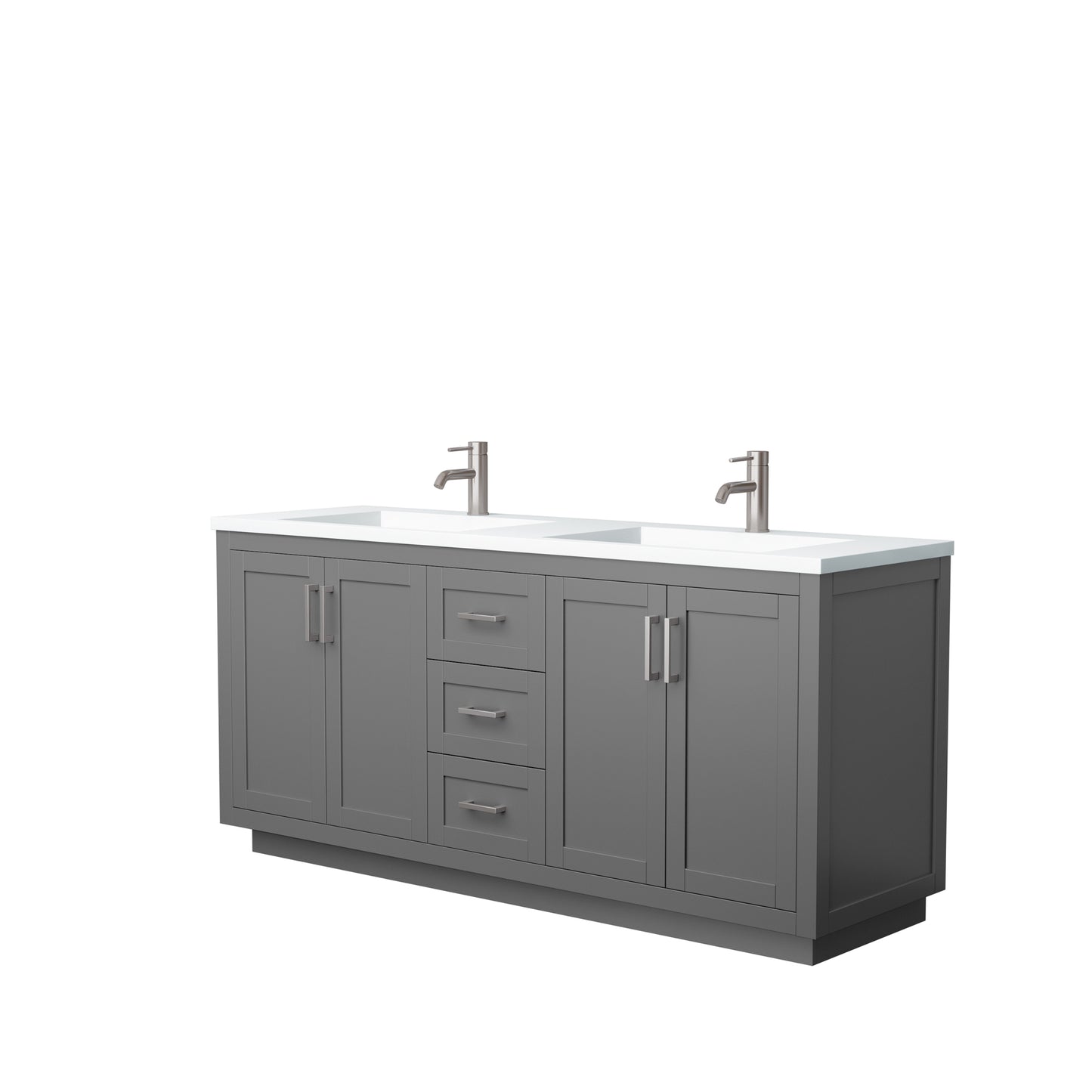 Miranda 72" Double Vanity in Dark Gray, 1.25" White Top, Integrated Nickel Trim