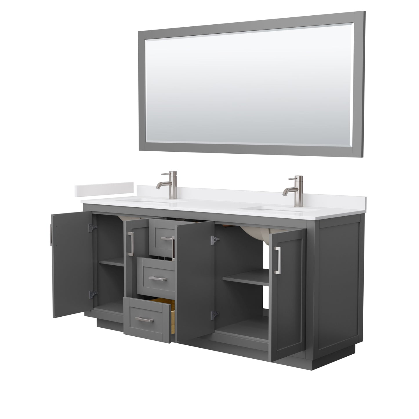 Miranda 72" Dark Gray Double Vanity, White Marble Top, Nickel Trim, 70" Mirror