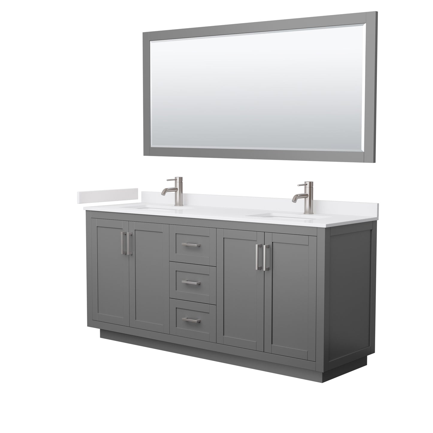 Miranda 72" Dark Gray Double Vanity, White Marble Top, Nickel Trim, 70" Mirror