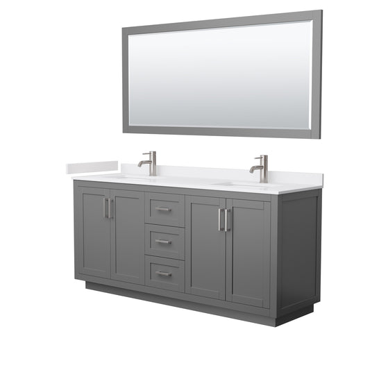 Miranda 72" Dark Gray Double Vanity, White Marble Top, Nickel Trim, 70" Mirror