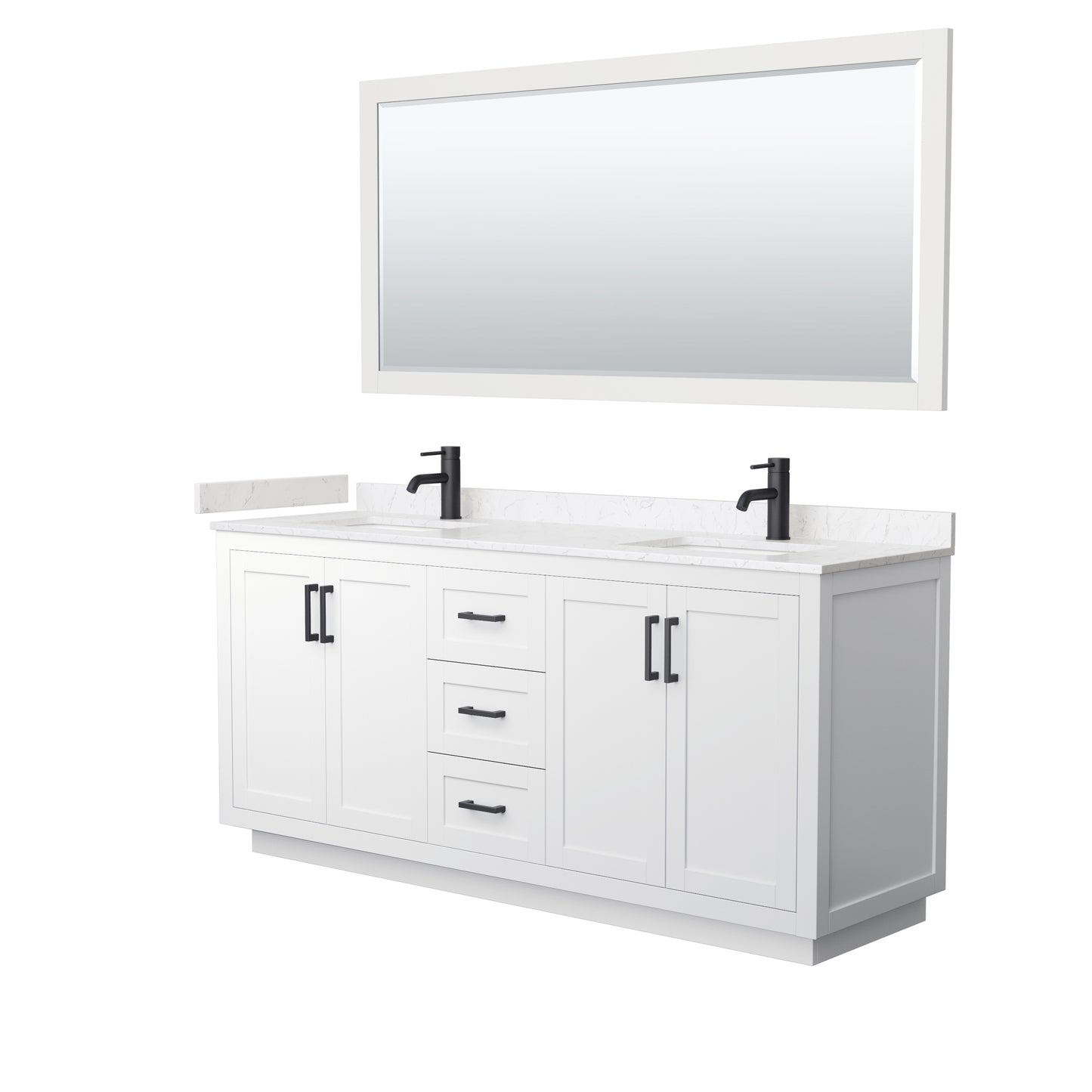Miranda 72" Double Vanity in White, Carrara Marble Top, Black Trim, 70" Mirror
