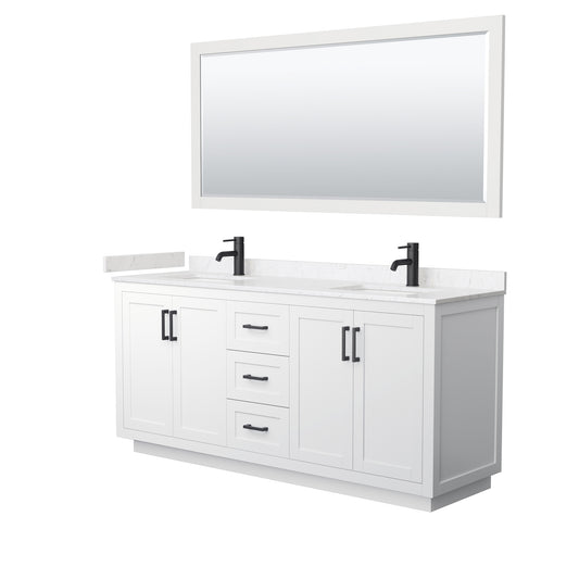 Miranda 72" Double Vanity in White, Carrara Marble Top, Black Trim, 70" Mirror