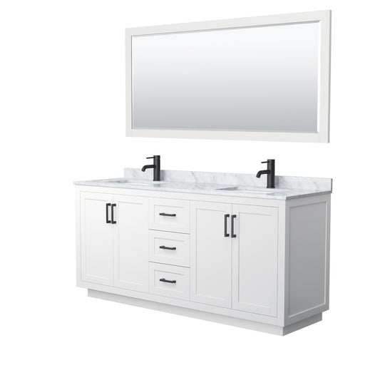 Miranda 72" Double Vanity in White, Top, Square Matte Black Trim, 70" Mirror
