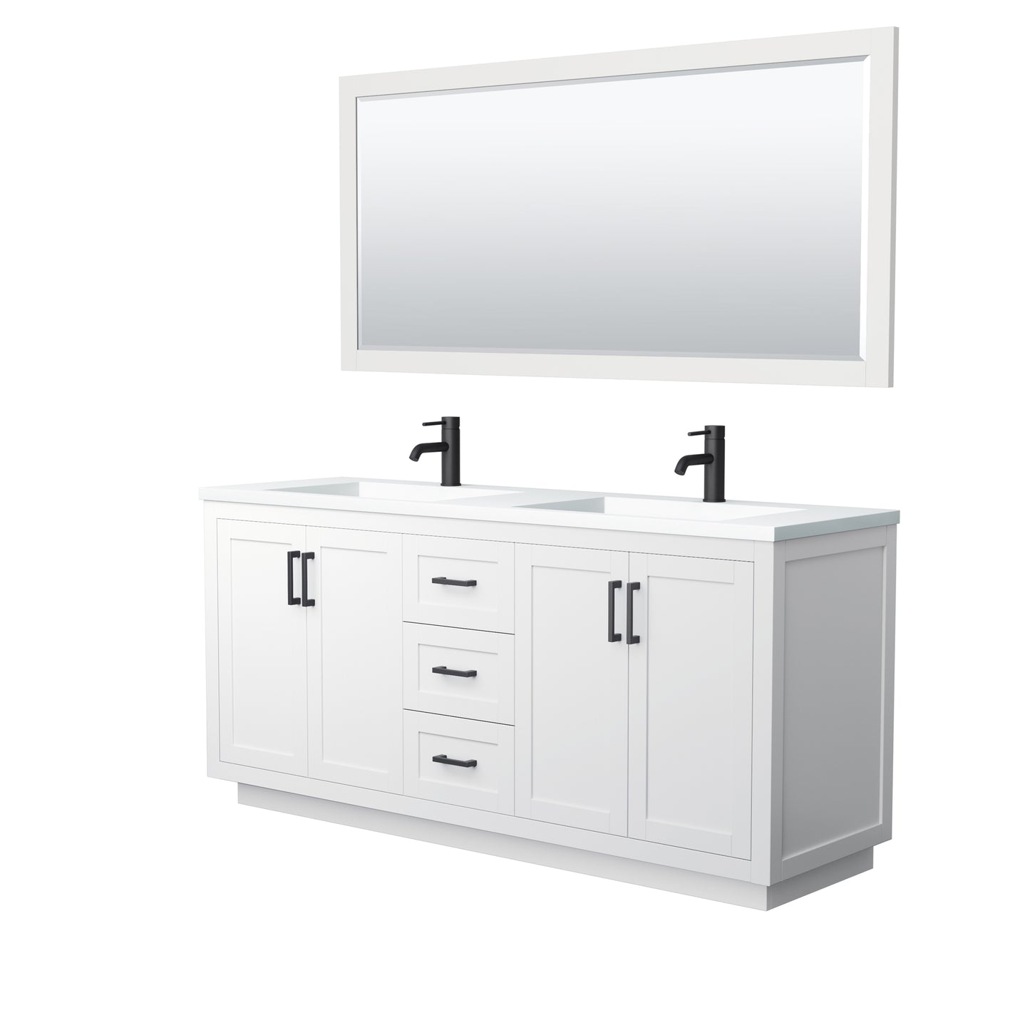 Miranda 72" Double Vanity in White, 1.25" White Top,  Black Trim, 70" Mirror
