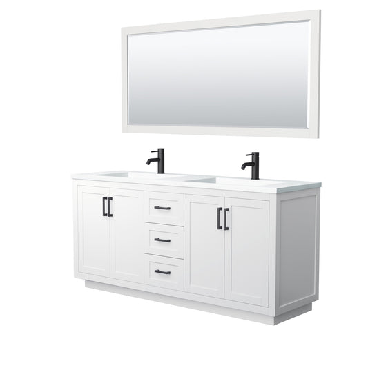 Miranda 72" Double Vanity in White, 1.25" White Top,  Black Trim, 70" Mirror