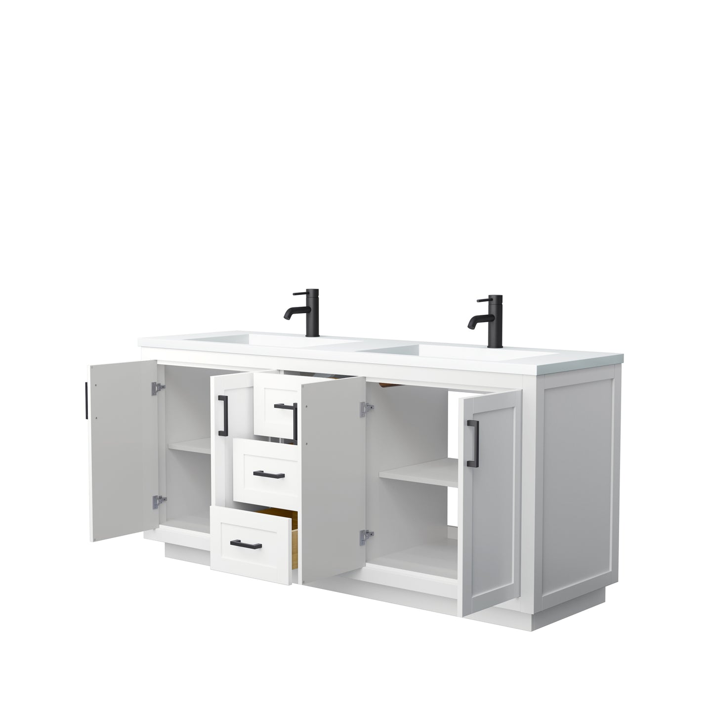 Miranda 72" Double Vanity in White, 1.25" White Top, Integrated Matte Black Trim