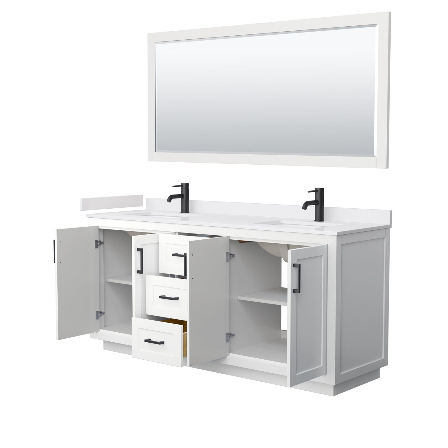 Miranda 72" Double Vanity in White, White Marble Top, Black Trim, 70" Mirror