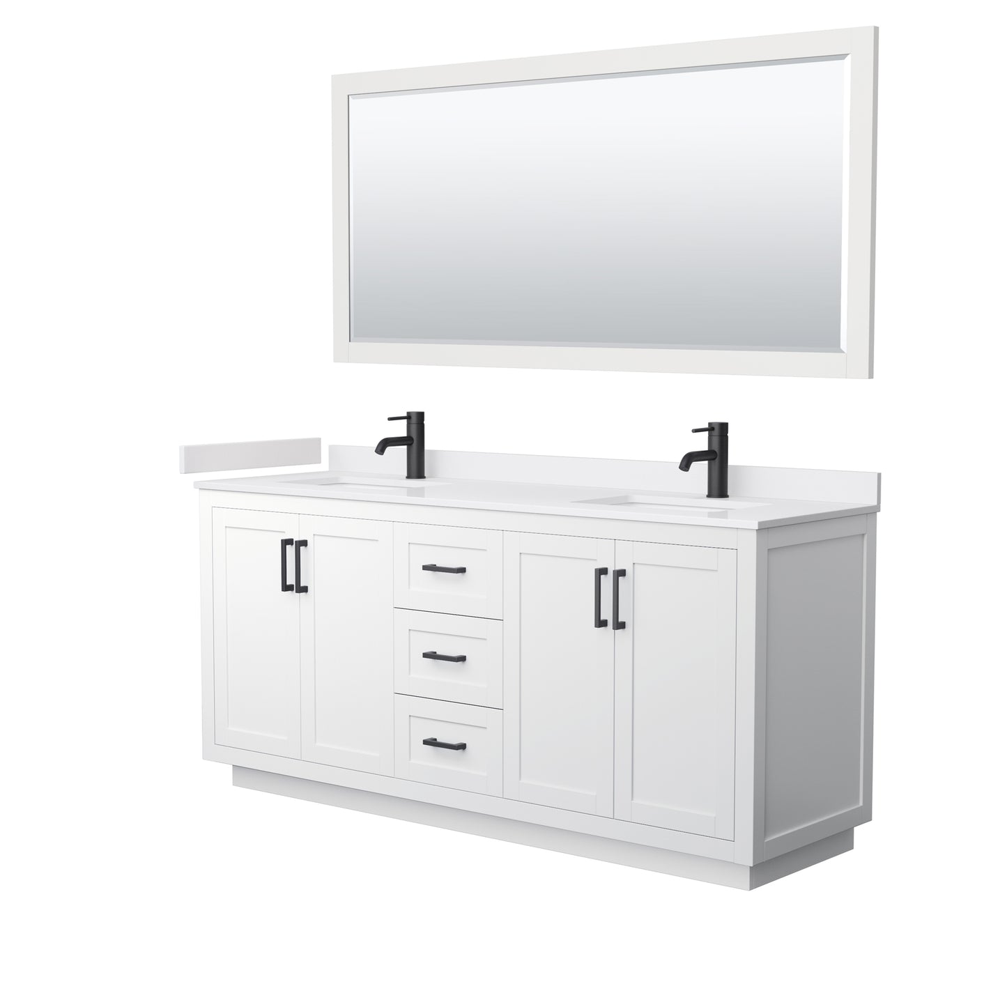 Miranda 72" Double Vanity in White, White Marble Top, Black Trim, 70" Mirror