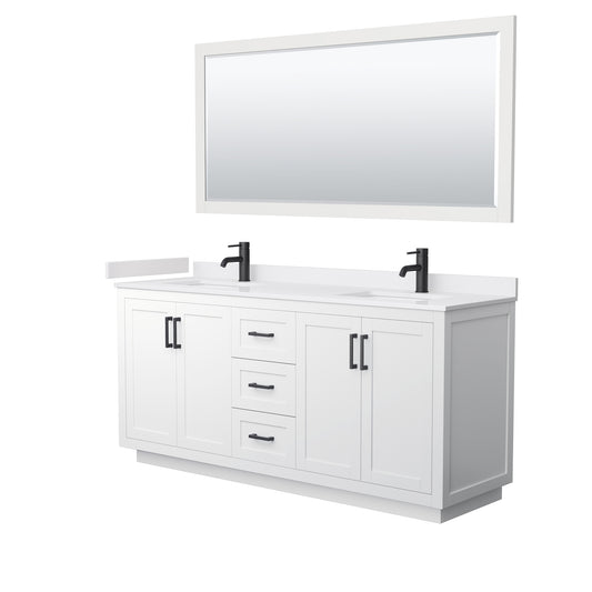 Miranda 72" Double Vanity in White, White Marble Top, Black Trim, 70" Mirror