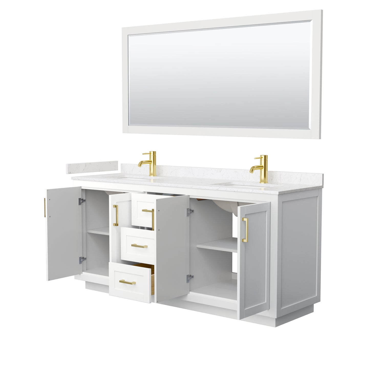 Miranda 72" Double Vanity in White, Carrara Marble Top, Gold Trim, 70" Mirror