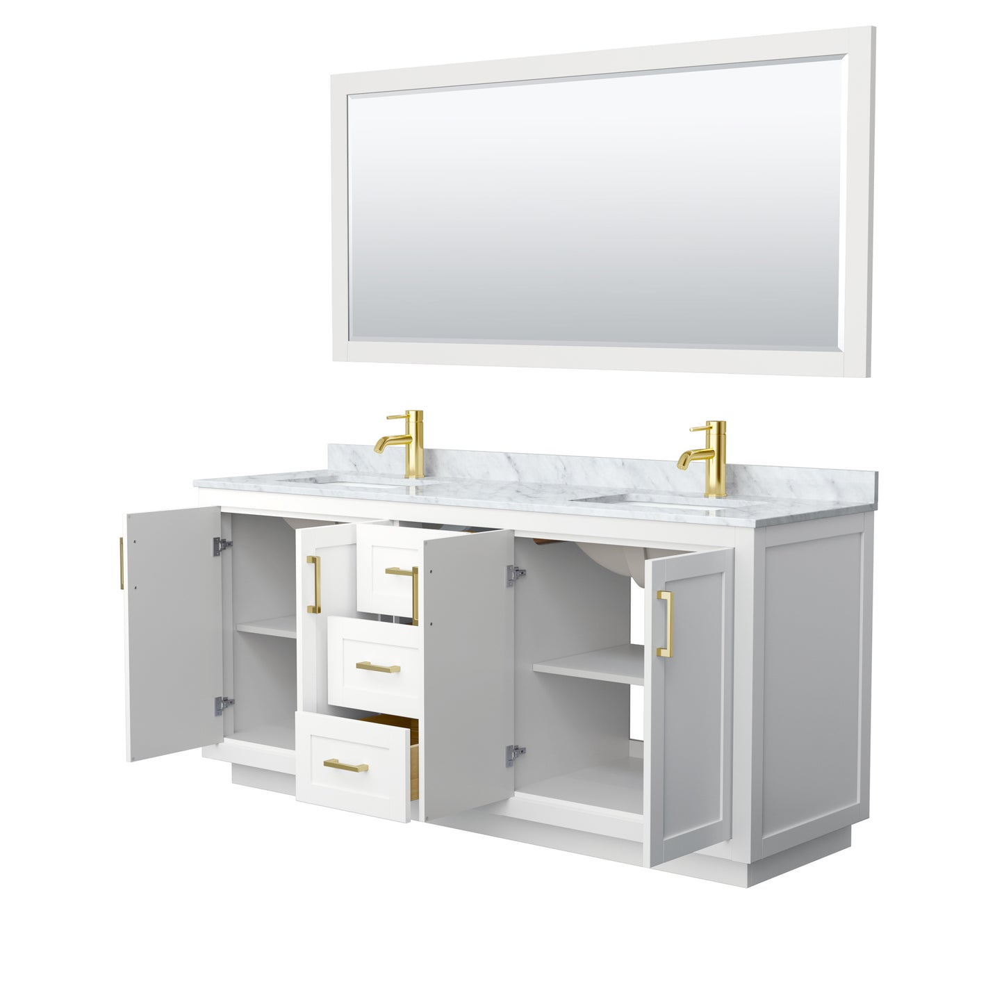 Miranda 72" Double Vanity in White, Top, Square Brushed Gold Trim, 70" Mirror
