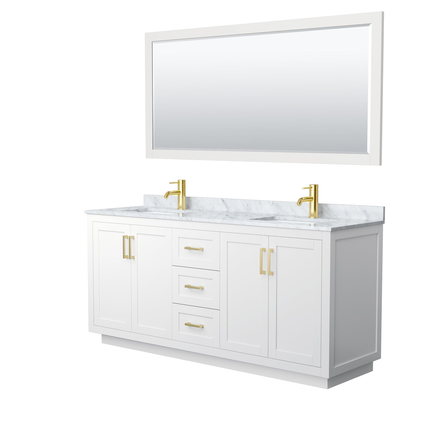 Miranda 72" Double Vanity in White, Top, Square Brushed Gold Trim, 70" Mirror